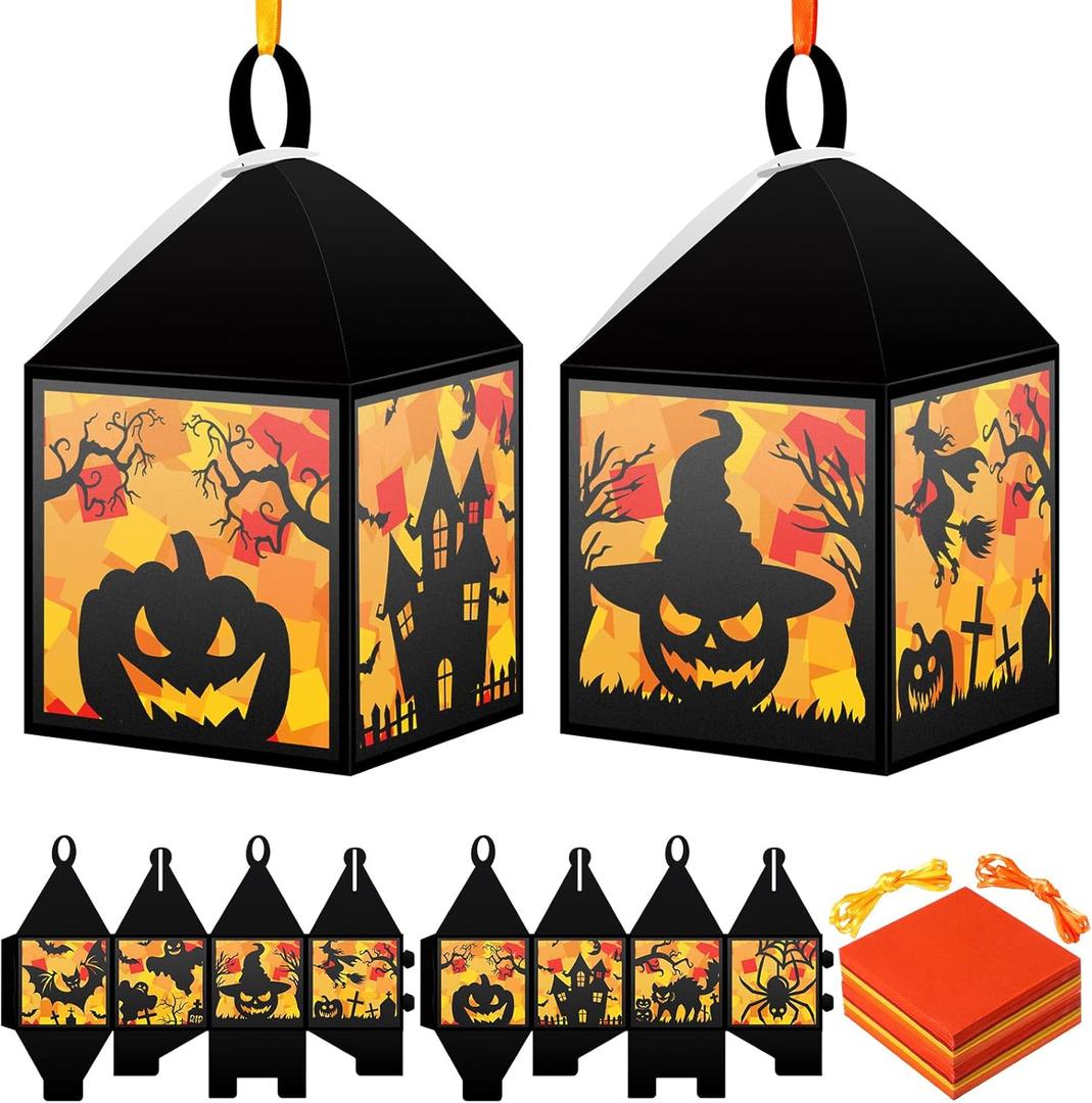 Pajean 16 Sets Halloween Lantern Crafts Set Halloween Suncatchers Tissue Paper Set DIY Pumpkin Cat Spider Castle Glass Make Your Own Ornament for Window Classroom Art Party Decorations Gift