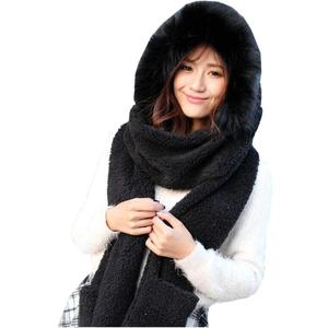 Winter Warm Women Hoodie Hat/Scarf/Gloves Set Soft Plush Thick Warm Hat (Black)