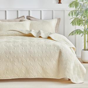WARMDERN Ultrasonic Cream White Velvet Quilt Set King Size, Geometric Textured Weave Pattern Modern Beige Quilt Bedding Set, 3PCS Soft Microfiber Bedspreads Coverlet for All Season, Cream, 106x96 inch
