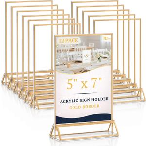 EHWINE 12 Pack Acrylic Sign Holder 5 x 7, Double Sided Gold Picture Frame Stand up Table Top Sign Holders, Clear Display Stand Menu Flyer Holder for Wedding Party (Provide Non-slip Mats)