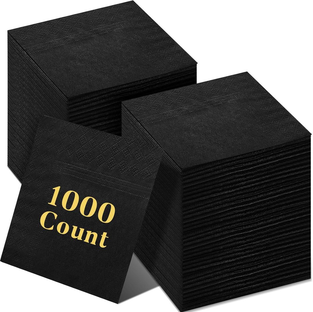 Fulmoon 1000 Pack Cocktail Beverage Napkins Bulk - 2 Ply 9.5''x9.5''Disposable Paper Napkins, Elegant for Wedding Bar Party Birthday Dinner Lunch Holiday Restaurant Event(Black,1000 Count)