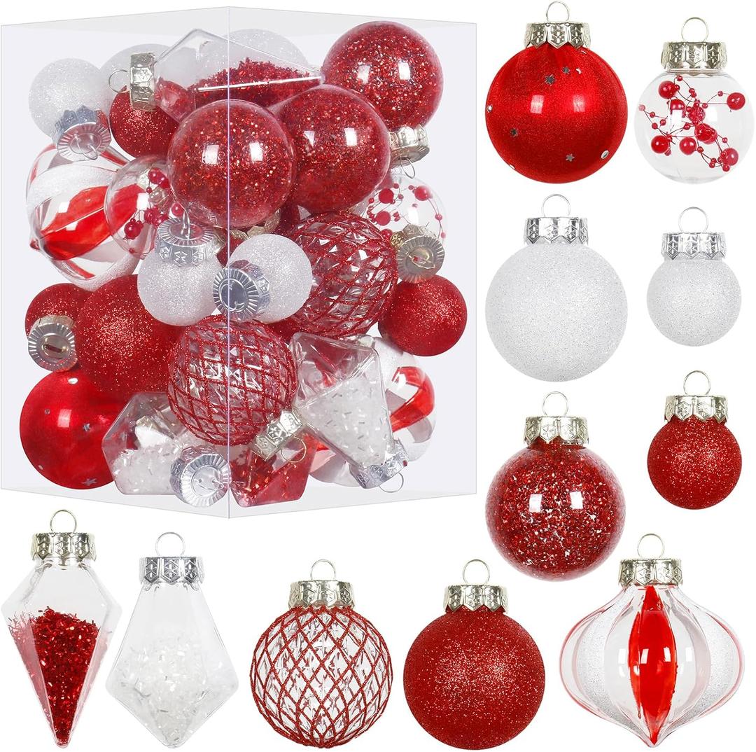 Christmas Ball Ornaments Set, 34PCS Clear Plastic Shatterproof Christmas Ornaments for Xmas Tree Hanging Decorations, for Indoor Home Valentine's Day Thanksgiving Party Decor - Red/White