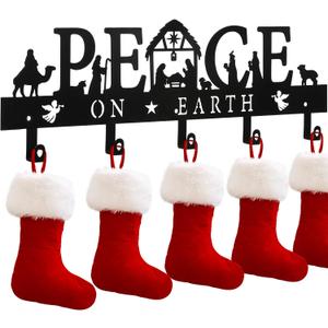 Nativity Christmas Stocking Holder for Wall with 5 Hangers Metal Christmas Stocking Wall Hanger Mantel Rack Hanging Mount Hook for Holiday Xmas Fireplace Decoration, Black(Peace)