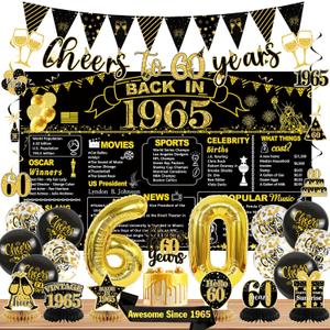 DARUNAXY 60th Birthday Party Decorations for Men Women, Black Gold Back in 1965 Banner, Gold 60 Number Balloons & Cake Topper, Vintage 1965 60 Birthday Honeycomb Hanging Swirl Confetti Balloons(28PC)