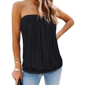 CHICGAL Women's Off The Shoulder Tops Summer Casual Bandeau Tank Casual Strapless Tube Blouse Shirts (Black, 2XL)