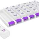 EZY DOSE Weekly (7 Day) 4 Times a Day Push Button Pill Organizer and Vitamin Planner, Removable Daily Pillboxes, Purple, Clear Lids, Small