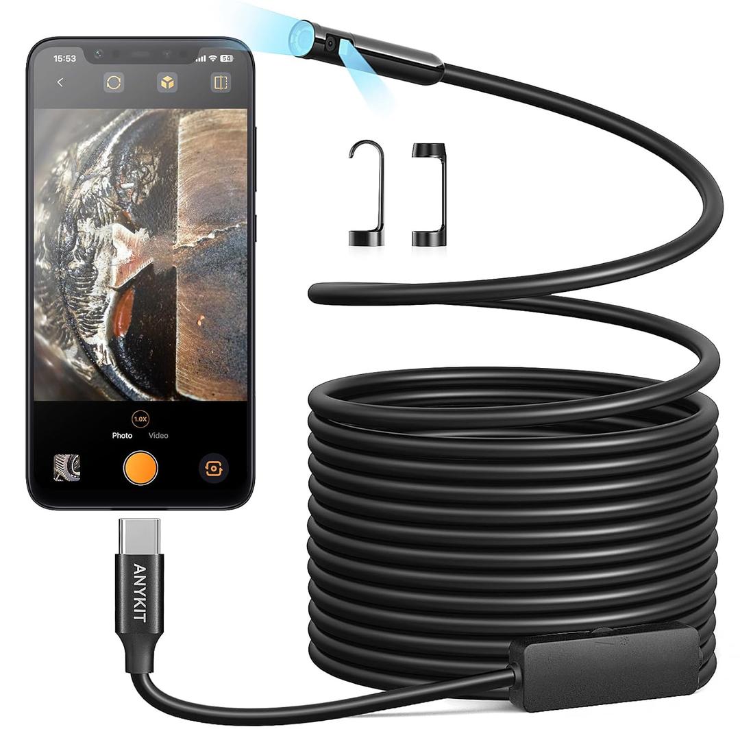 Anykit Dual Lens Endoscope Camera with Adjustable Lights, Type C Borescope for Sewer, IP67 Waterproof Semi-Rigid Snake Camera, 1080HD Industrial Scope Inspection Cam, Gadgets for Men(16.5 ft)