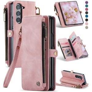 Defencase Wallet Case Compatible with Samsung Galaxy Z Fold 6 with RFID Blocking Card Holder & S Pen Holder PU Leather Magnetic Snap Flip Zipper Strap Phone Case Fit for Galaxy Z Fold 6, Rose Pink