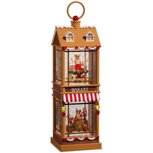 Raz Imports Santa and Elves Lighted Water Two Story Bakery, 12.5-inch Height, Christmas Decor
