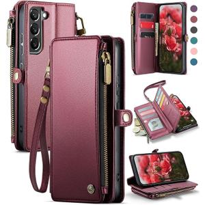 Defencase Compatible with Galaxy S21 FE 5G Case Wallet with RFID Blocking Card Holder for Women Men, PU Leather Magnetic Snap Flip Zipper Strap Phone Case Fit for Samsung Galaxy S21 FE 5G, Wine Red