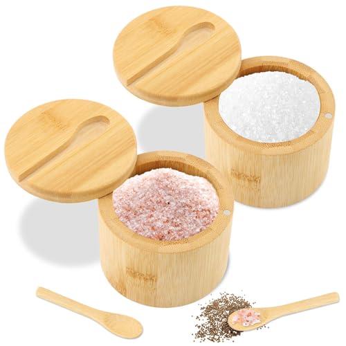 Bamboo Salt Cellar with Magnetic Swivel Lid & Spoon, 2Pcs Spice Box Bowl Storage Box Salt Container to Storage Pepper, Table Salt, Gourmet Salts, Spice, Sugar(SIZE:6 oz) Missing One Spoon