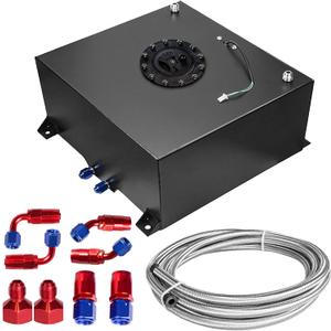 Universal 15 Gallon 60L Fuel Cell Polished Aluminum Fuel Tank with Cap/Level Sender/12FT Oil Feed Line Black