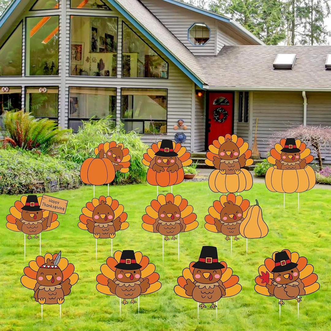 Thyle 12 Pcs Thanksgiving Yard Signs Fall Outdoor Decorations Waterproof Lawn Turkey and Pumpkin Signs with Stakes for Thanksgiving Autumn Outside Yard Garden Decor