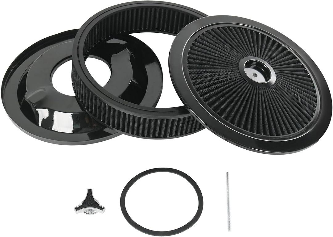 High Flow 14"x3" Round Air Cleaner filter Kit Compatible with GMC Chevy Ford Chrysler Dodge V8 with Flow-Thru Lid Caburetor 5-1/8" Carb Neck Black