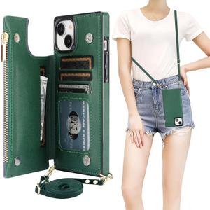 Bocasal Crossbody Wallet Case for iPhone 15 Plus with RFID Blocking Card Slot Holder, Magnetic Flip Folio Purse Case, PU Leather Zipper Handbag with Detachable Lanyard Strap 6.7 Inch 5G (Green)