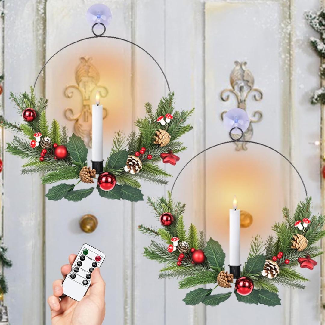 Wondise Flameless Candles with Remote and Timer Wreaths, Real Wax Battery Operated Wreaths with LED Flickering 3D Flame, Christmas Gift for Front Door Window Holiday Christmas Decor