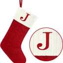 Christmas Stockings with Initials,20 Inches Large Knit Embroidered Letter Red White Christmas Stocking,Monogram Christmas Stocking for Famliy Holiday and Xmas Tree Fireplace (Letter J)