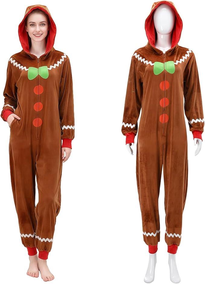 nezababycos Christmas Gingerbread Onesie Pajamas Adult Jumpsuit Costume One Piece Hooded Flannel Zipper Sleepwear Outfit for Women (US, Alpha, Medium, Regular, Regular, Standard, Brown)