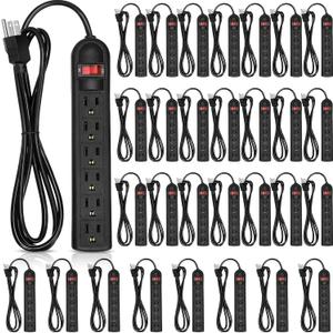 Kanayu 30 Pcs 6 Outlet Power Strip Surge Protector Long 6ft Extension Cord with Multiple Flat Plug Rectangular Electrical Equipment for Home Office(Black)