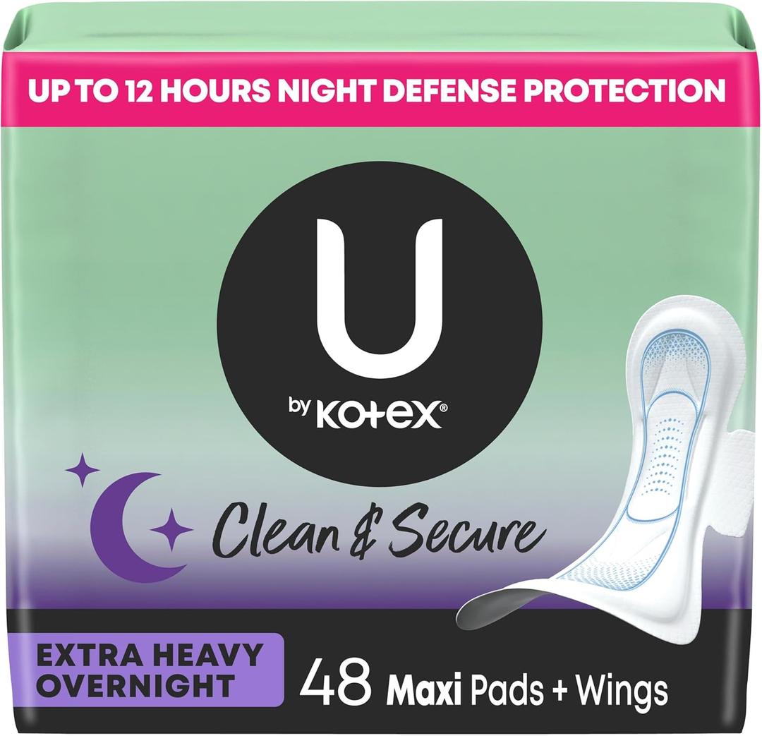 U by Kotex Clean & Secure Overnight Maxi Pads with Wings, Extra Heavy Absorbency, 48 Count (2 Packs of 24)