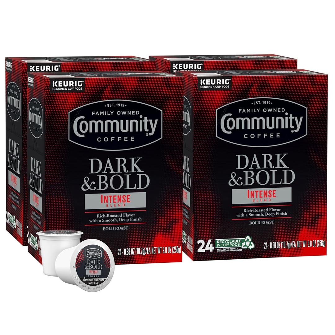 Community Coffee Dark & Bold Intense Blend 96 Count Coffee Pods, Compatible with Keurig 2.0 K-Cup Brewers, 24 count (Pack of 4), Best By: 2025-12-28