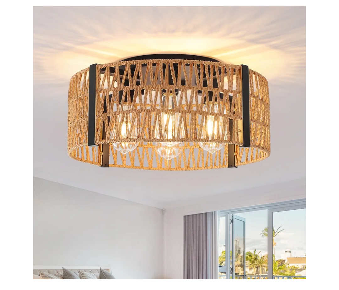 Rattan Ceiling Light Fixture 4-Light Farmhouse Ceiling Light 17.7" Boho Flush Mount Ceiling Lights for Dining Room Kitchen Bedroom Living Room, E26 Base (Not Included Blub)