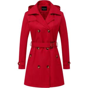 CREATMO US Women's Trench Coat Double-Breasted Classic Lapel Overcoat Belted Slim Outerwear Coat with Detachable Hood (Medium, Red)