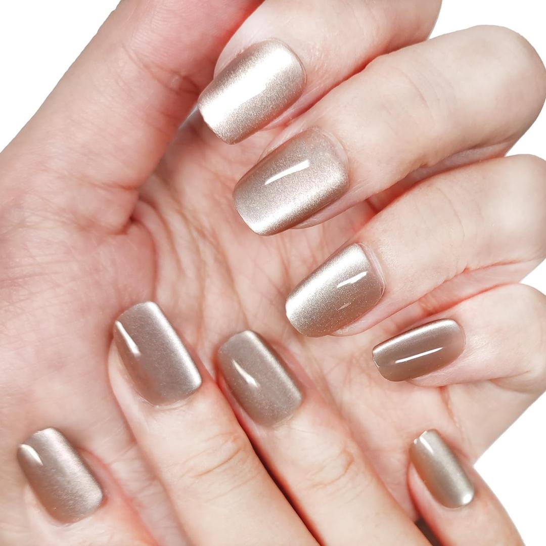 6 x Cat Eye Nails Short Squoval, Shimmery Dusty Rose Pink, Small Size Press on False Nails, 24 Reusable Fake Nails With Stick on Adhesive Tabs