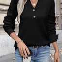 Women's Long Sleeve V Neck Henley Shirts Textured Lightweight Tunic Sweaters Dressy Casual Tops 2025 Fall Blouses (Black, XL)