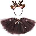 IMEKIS Girls Halloween Christmas Costume Fairy Wings Tutu Skirt with Headband Spider Bat Santa Birthday Party Outfit Cosplay (9-12 Years, Dark Brown - Deer)