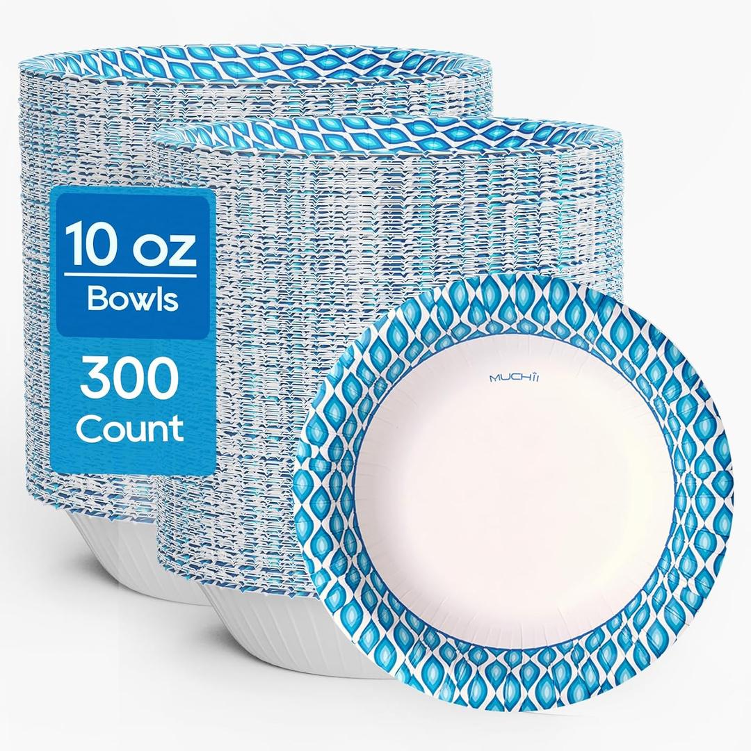 MUCHII 10 oz Paper Bowls, 300 Count Printed Disposable Small Bowls Bulk | Blue Printed,Mini Bowls,Soup Bowls,Soak Proof,Hot Soup Oatmeal Cereal,Ice Cream Dessert,Snacks Side Dish,Party School Lunch