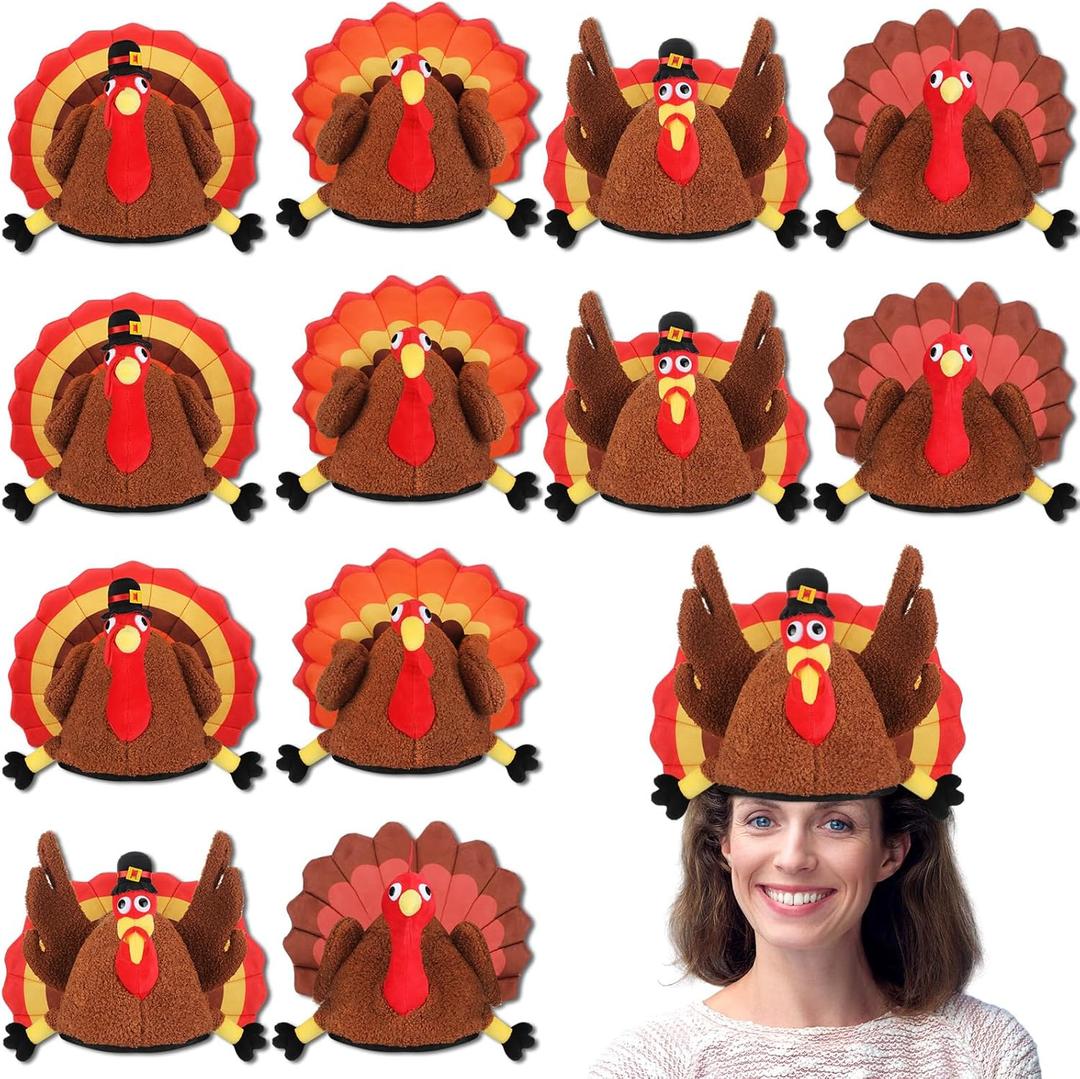 Poen 12 Pcs Turkey Hats - Silly Costume Hats for Thanksgiving, Carnival, Cosplay & Party Favor Supplies, 4 Styles