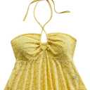 Milumia Women's Boho Textured Halter Top Pleated Ruffle Hem Summer Cami Tops (M)