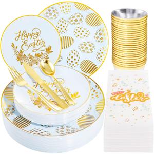 Morejoy 175pcs Easter Plastic Plates,Blue Plastic Plates Disposable Ice Blue Plates Include 25 Dinner Plates,25 Dessert Plates,25 Cups,25 Forks,25 Knives,25 Spoons,25 Napkins Perfect for Easter Party