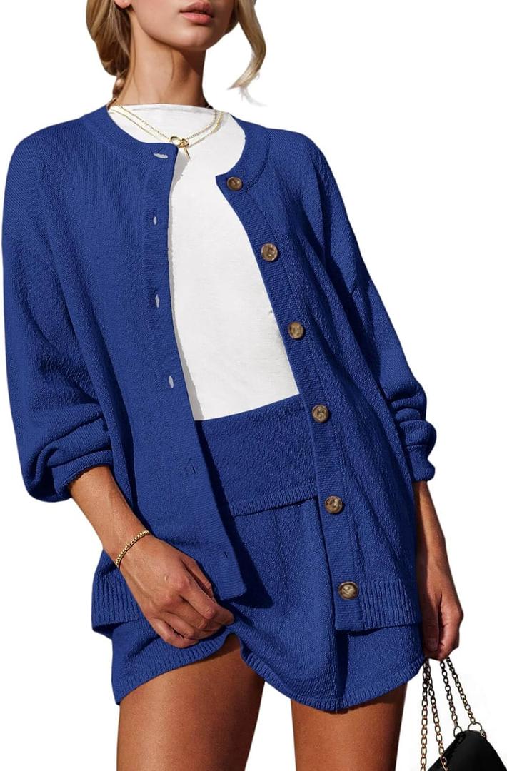 Tankaneo 2 Piece Sweater Sets for Women Long Sleeve Cardigan Outfits Mini Skirts Knit Matching Lounge Set (Blue)