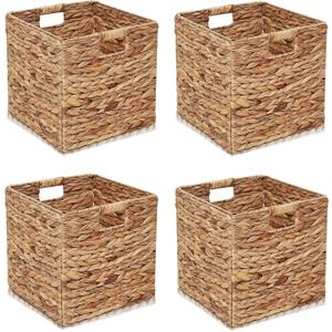 11x11in Storage Baskets Set of 4 Water Hyacinth Baskets,Foldable Handwoven Storage Cubes,Woven Baskets for Bathroom, Bedroom, Laundry, Pantry, Shelves
