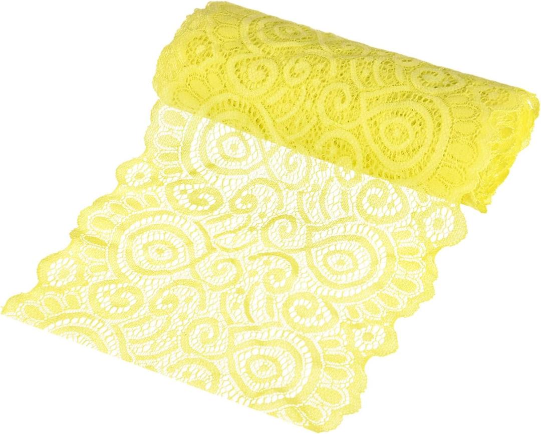 M METERXITY 5-Yard 7.1 Inch Wide Elastic Lace Fabric, Ribbon Stretchy Trim Lace W Floral Pattern for Bridal Wedding Decorations/Garment/Dress Sewing/DIY Crafts/Gift Bouquet [Light Yellow]
