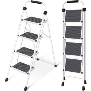 KINGRACK Step Ladder 4 Step Folding Step Stool for Adults with Handrails Heavy Duty Steel Sturdy Lightweight Collapsible Portable Step Ladder with Anti-Slip Wide Pedal,White (4 Step Ladder)