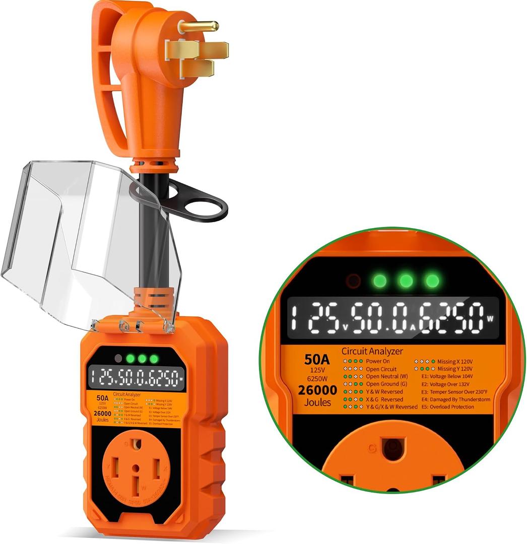 26000J RV Surge Protector 50 Amp, Auto Shutoff & Reset Voltage & Temperature, LED Display Real-Time Circuit Analyzer, RV Adapter Plug for Camper Travel Trailers
