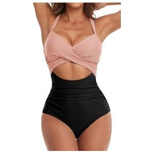 Eomenie Women's One Piece Swimsuits Tummy Control Cutout High Waisted Bathing Suit Wrap Tie Back 1 Piece Swimsuit, Size -Large, Black Pink