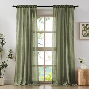 Anpark Elegant Sage Green Sheer Curtains 54 Inch Length for Bedroom, Cotton Linen Textured Light Filtering Semi Sheer Curtains Natural Crinkle Voile Drapes Rod Pocket, W52 x L54 in, 2 Panels