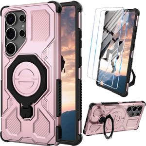 for Samsung Galaxy S25 Ultra Case with Tempered Glass Screen Protector, Heavy Duty Military Grade Shockproof Protective Cover 360 Ring Magnetic Kickstand Cell Phone Case for Samsung S25 Ultra (Pink)