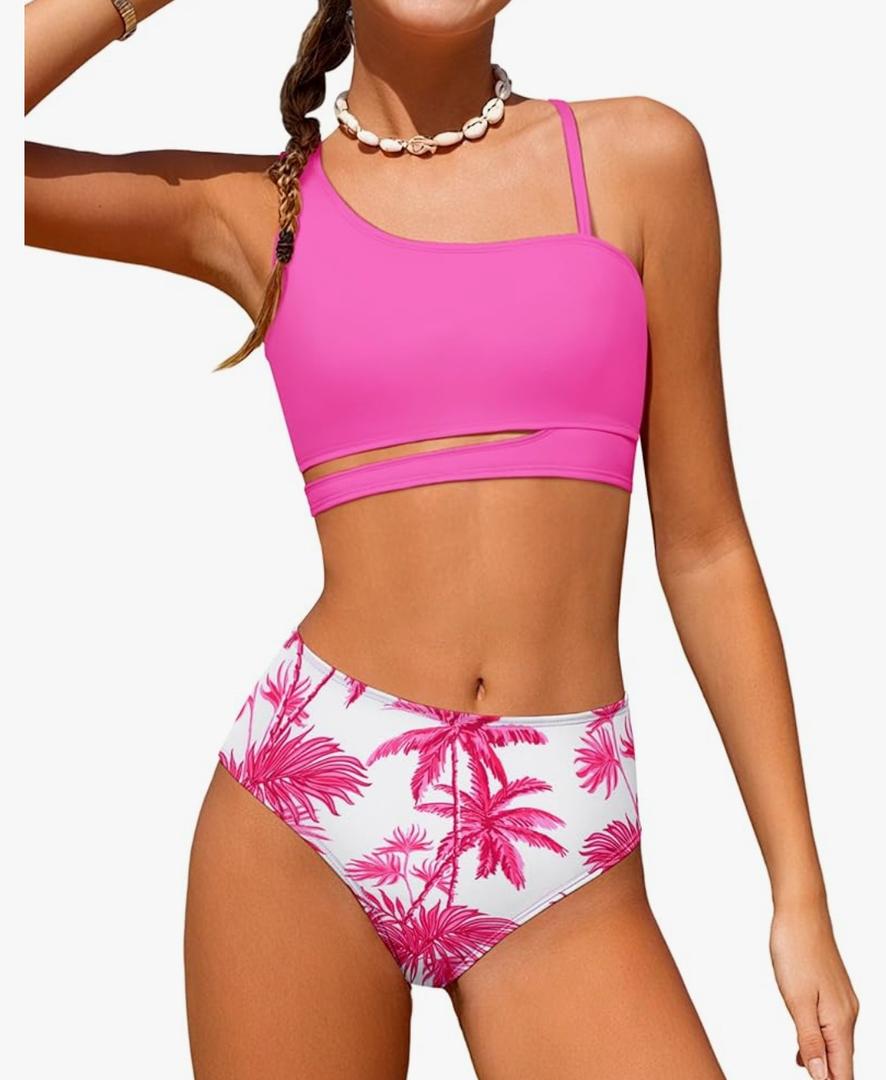 Queenstyle Girls Swimsuits Bikini Set Kids Cutout Bathing Suit Bikini Top Two Piece Girls' Swimwear 13-14Y Pink