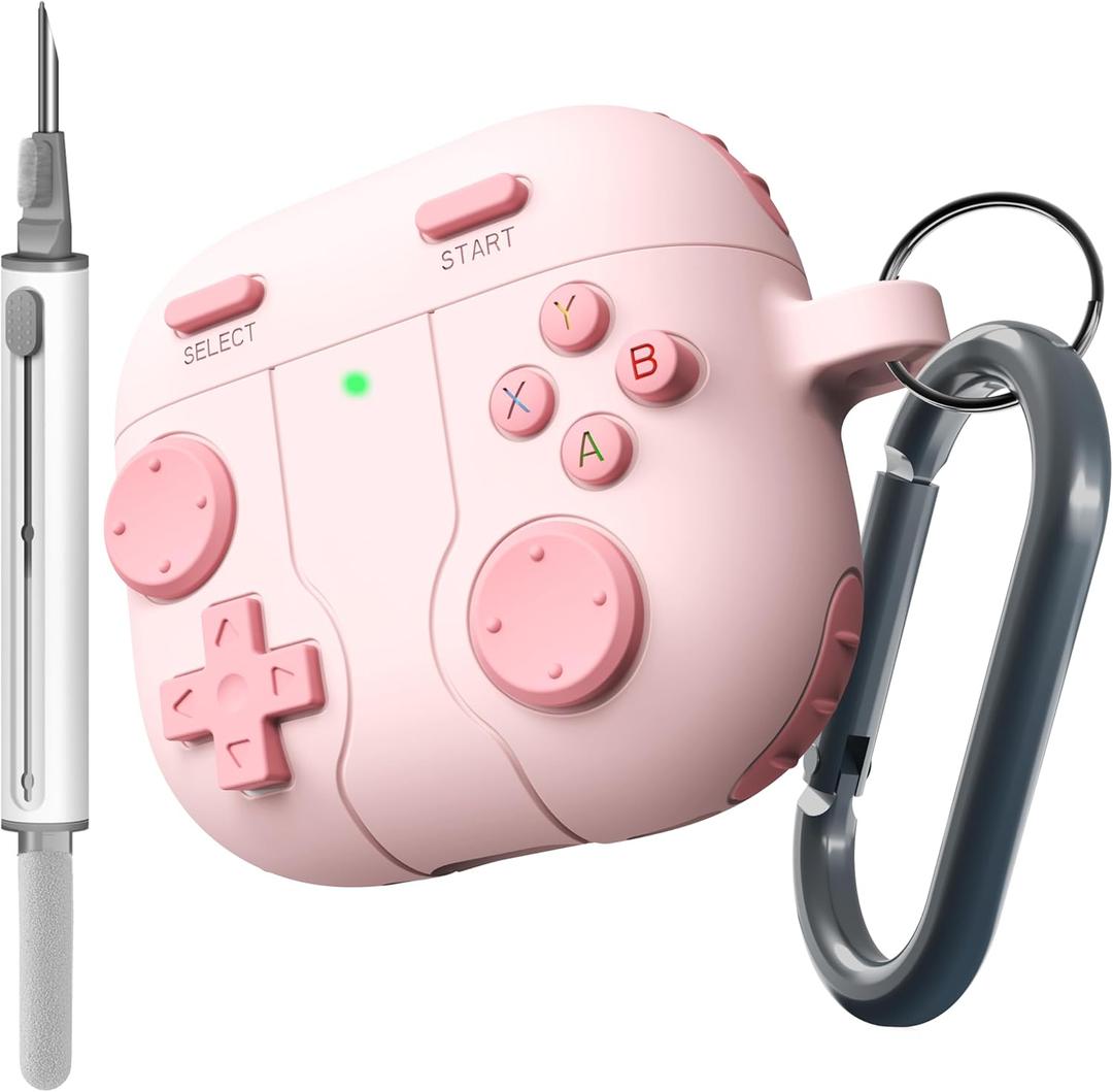 DamonLight Game Case for AirPods 4 Cover Shock-Proof Protective Silicone Case with Keychain for Apple Airpods 4th Generation 2024 Released (Pink)