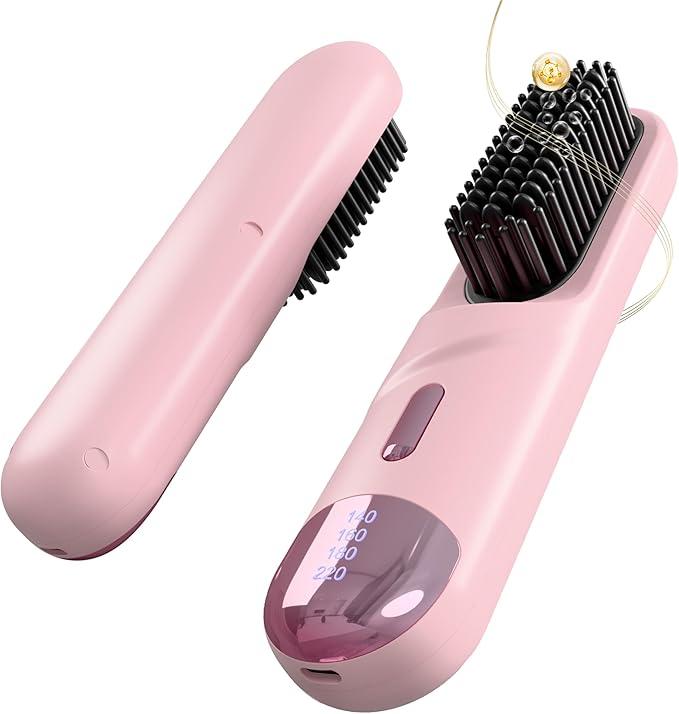 Go Brush Pro 2026 Hair Straightener Brush 300 Million Negative Ionic Portable Hair Straightener Comb for Women with 4 Temps Fast Heating MCH Ceramic Coating Smooth Frizz Hair Light Pink