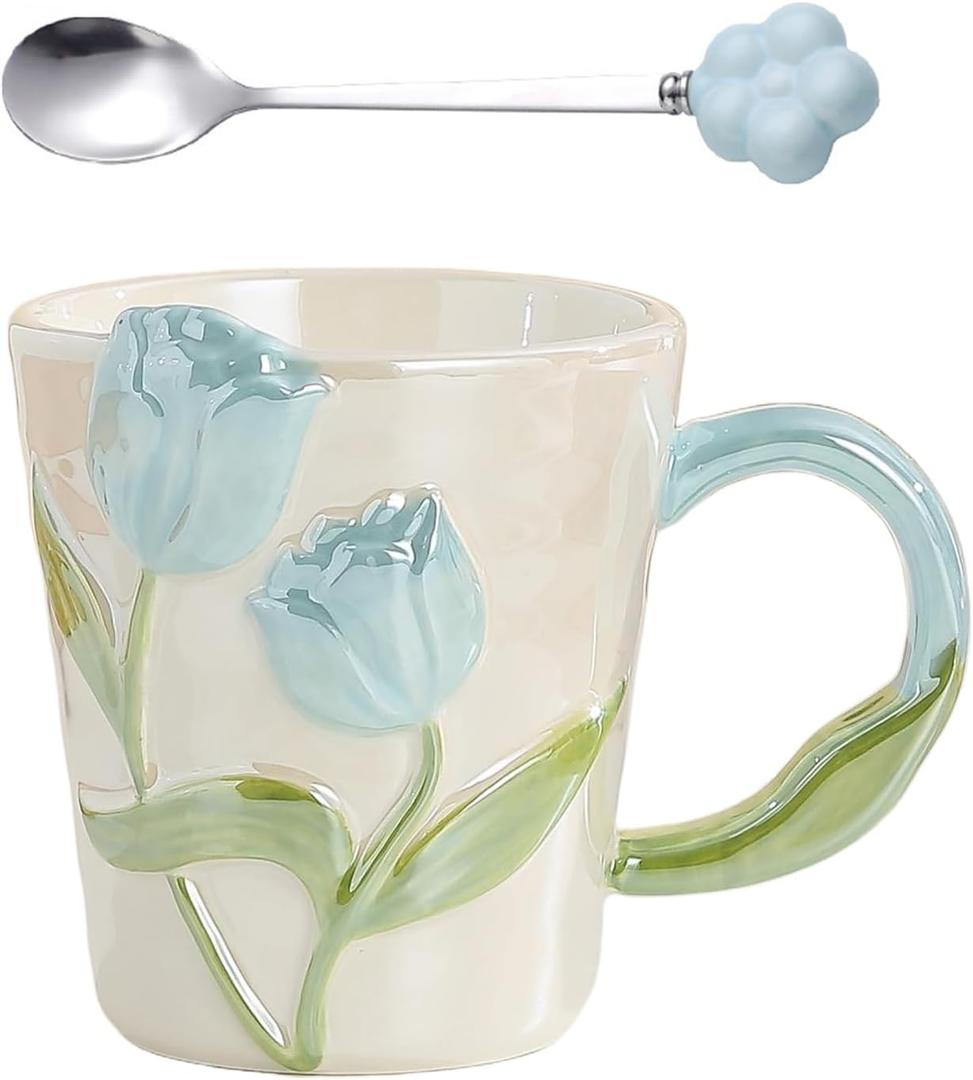 DTIUYIOP] Floral Ceramic Coffee Mug 12 Oz, Cute Flower Tea Cup with Handle for Women, Girly Mug Gift for Christmas Birthday, Home Office Drinkwareblue