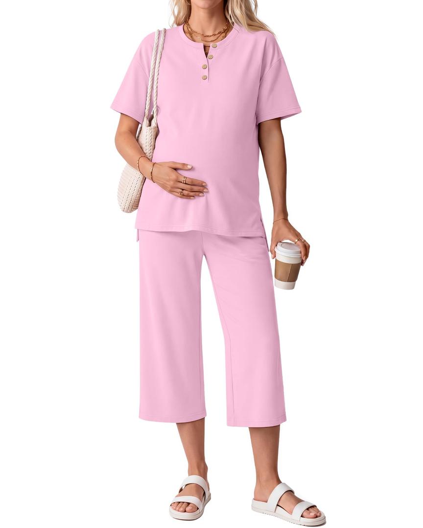 JoyMotion 2 Piece Maternity Outfit for Women, Light Pink, X-Large