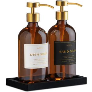 Glass Soap Dispenser Set of 2 (Amber) with Silicone Tray | Hand and Dish Soap Dispenser for Kitchen and Bathroom | 16.8 Oz Glass Bottles with Stainless Steel Pump & 15 Waterproof Labels (Amber/Gold)