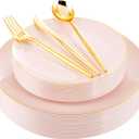 I00000 30 Guests Pink Plastic Plates for Party,Heavy Duty Pink Disposable Plates,Gold Dinnerware Set Include 30 Dinner Plates,30 Dessert Plates,30 Gold Plastic Silverware Set for Party.