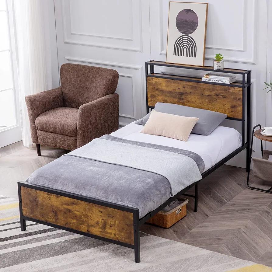 GAZHOME Twin XL Bed Frame, Platform Bed with 2-Tier Storage Headboard, Solid and Stable, Noise Free, No Box Spring Needed, Easy Assembly,Brown